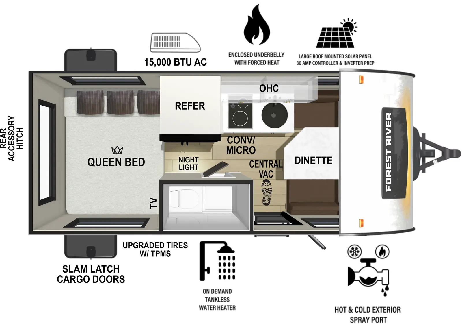 The RP-171 has zero slideouts and one entry. Exterior features slam latch cargo doors, upgraded tires with TPMS, hot and cold spray port, rear accessory hitch, on demand tankless water heater, 15,000 BTU air conditioner, enclosed underbelly with forced heat, and large roof mounted solar panel 30 amp controller & inverter prep. Interior layout front to back: front dinette; off-door side kitchen counter with sink, convection microwave, cooktop, overhead cabinet, and refrigerator; door side entry, central vacuum, wet bathroom, and night light; rear queen bed with door side TV.